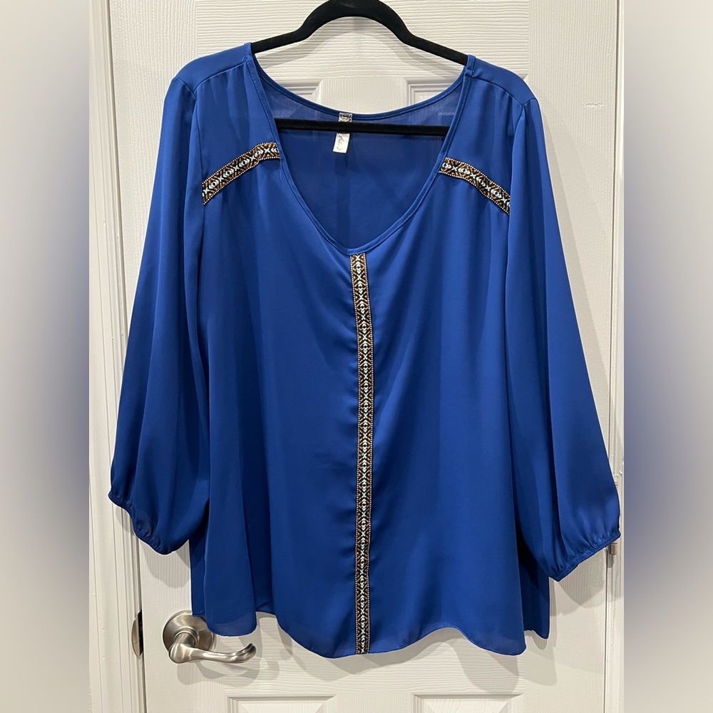 Royal Blue Blouse with Gold Embellishments and 3/4 Sleeves